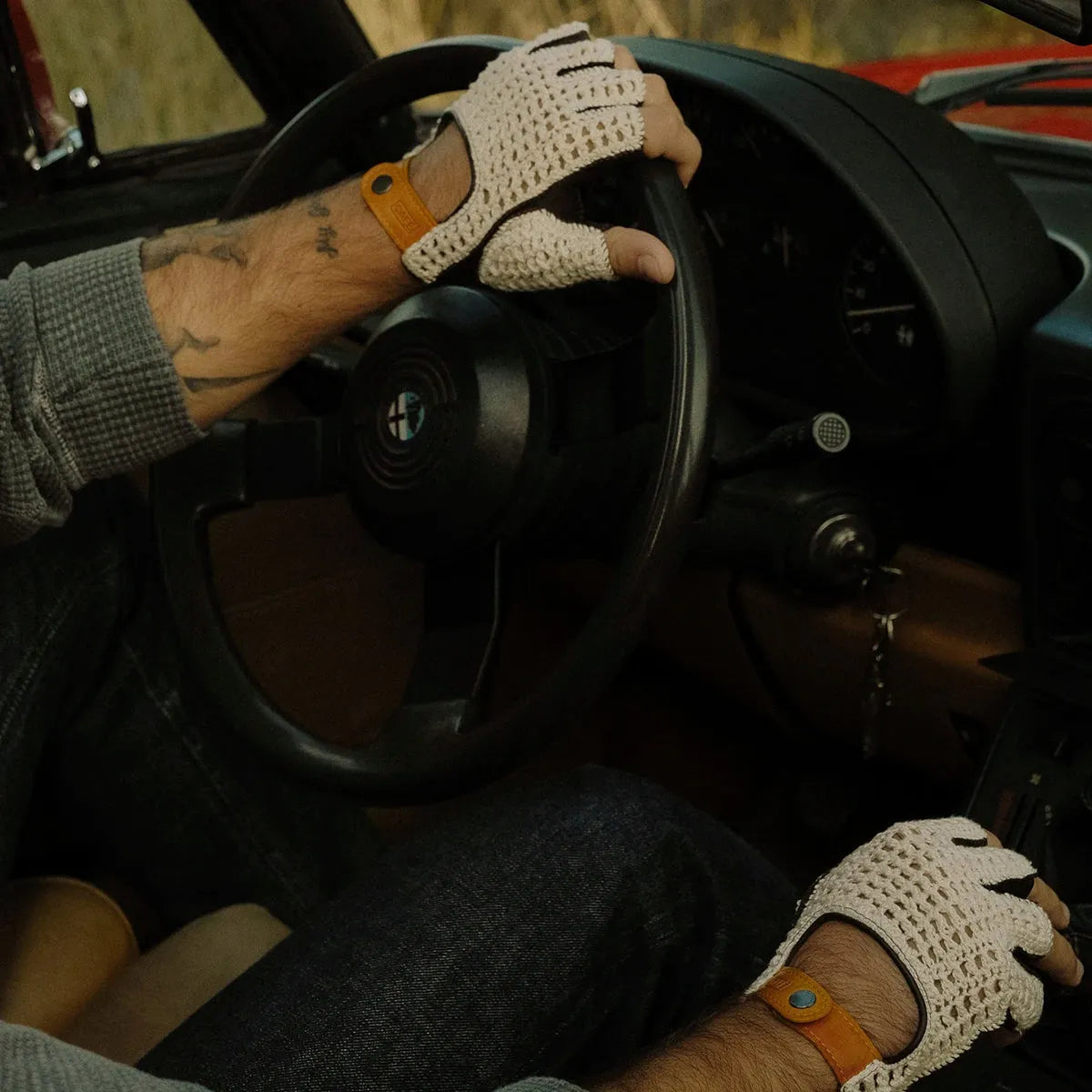 brown fingerless crochet driving gloves