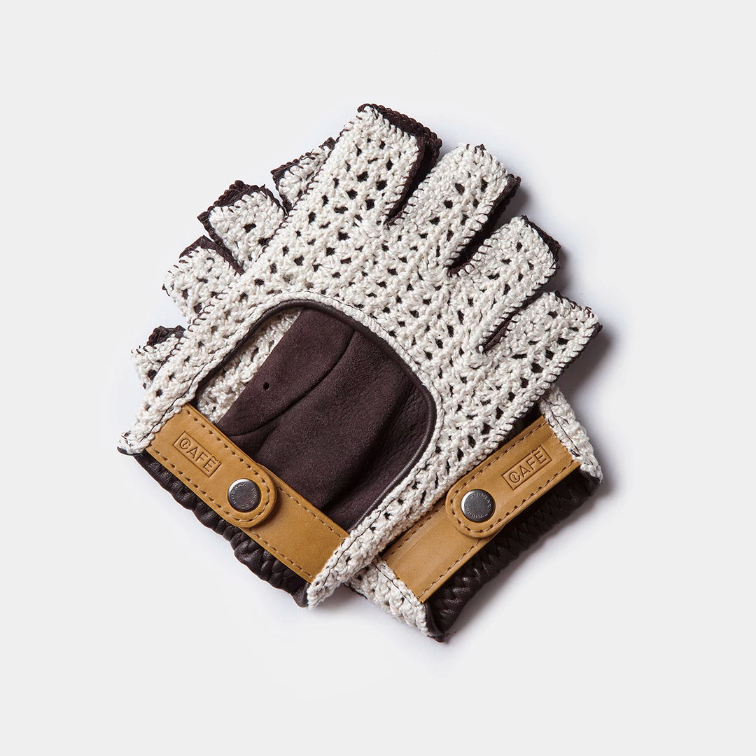 Crochet Fingerless Driving Gloves "Triton" in Black Coffee