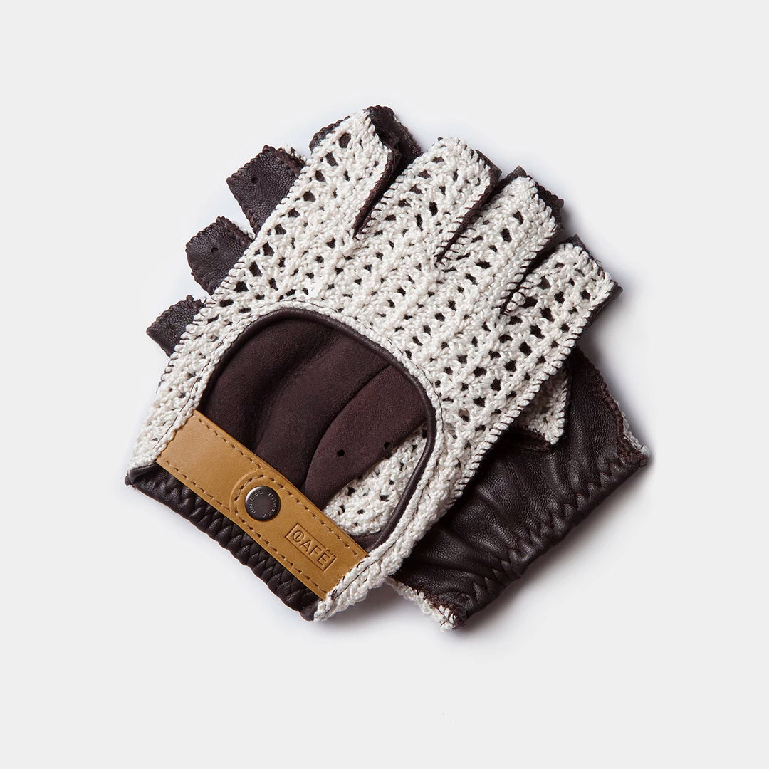 Crochet Fingerless Driving Gloves "Triton" in Black Coffee