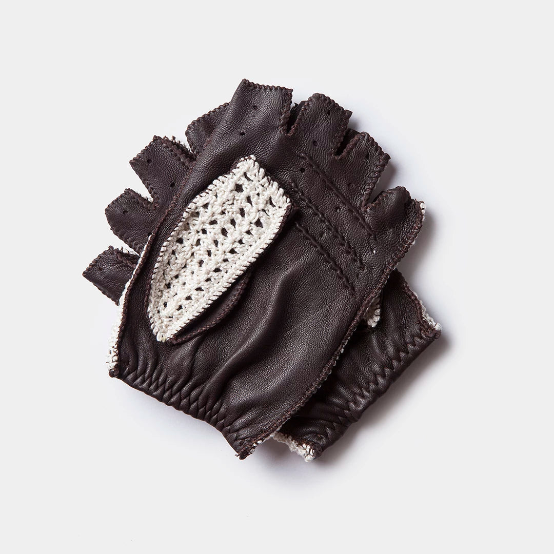 Woman Crochet Fingerless Driving Gloves "Triton" in Black Coffee