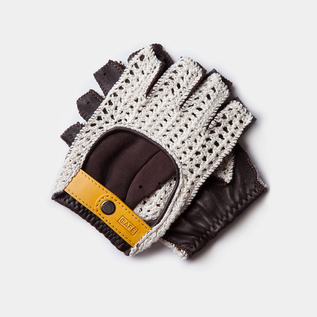 Crochet Fingerless Driving Gloves "Triton" in Black Coffee