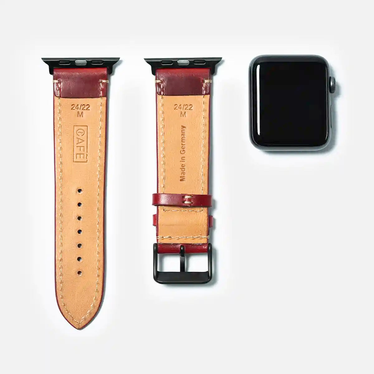 leather iwatch strap black steel in berry