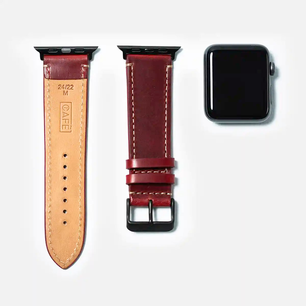 leather iwatch strap black steel in berry