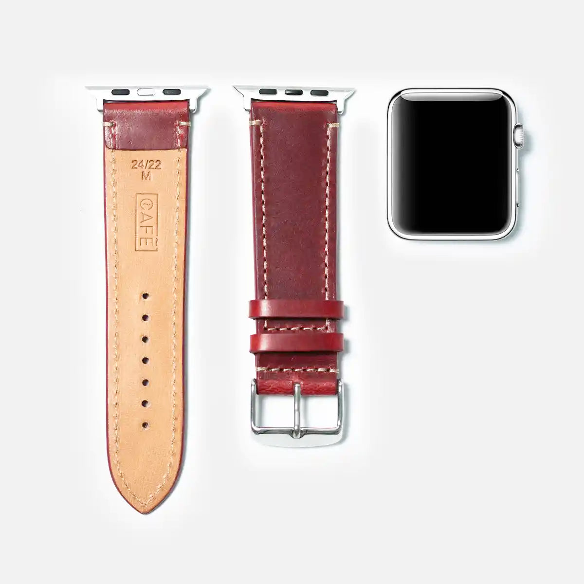 leather iwatch strap black steel in berry