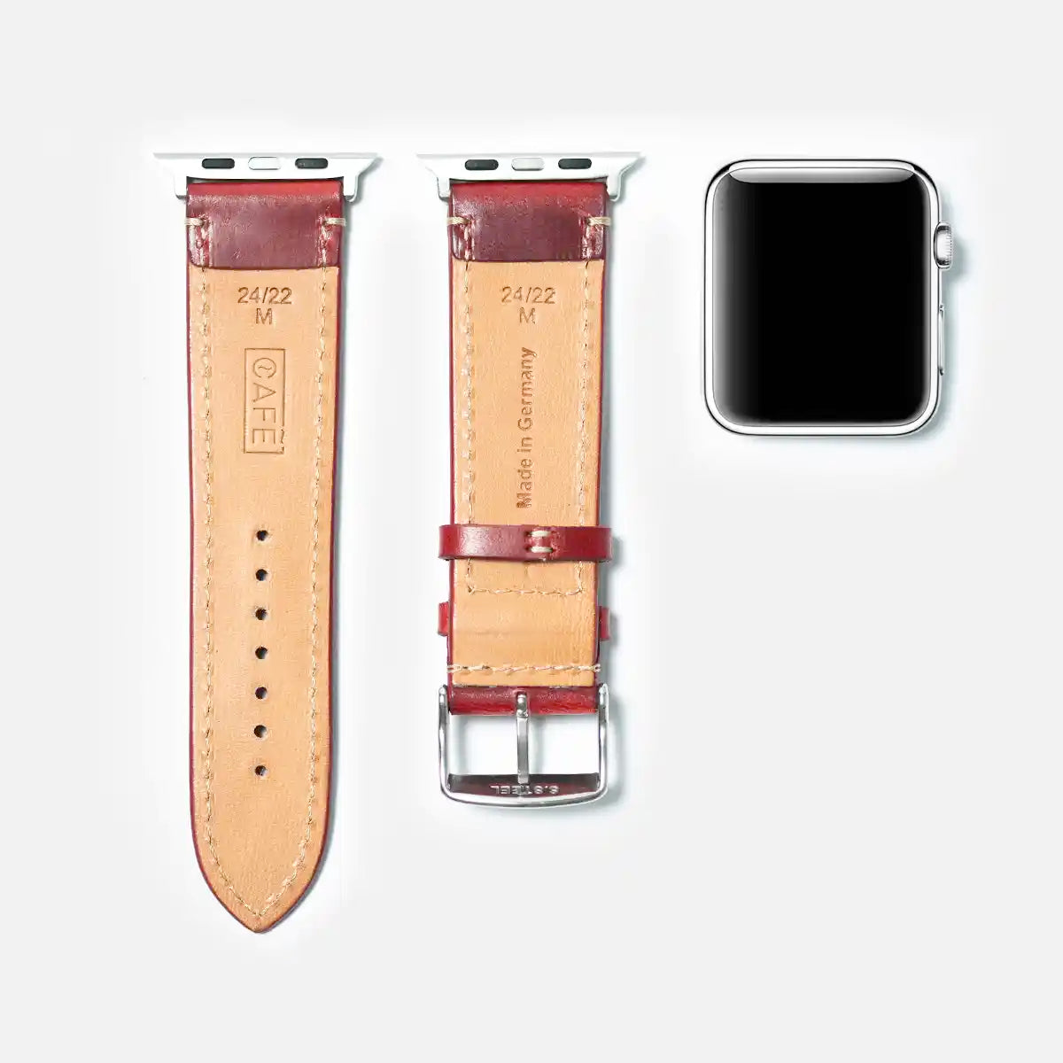 leather iwatch strap black steel in berry