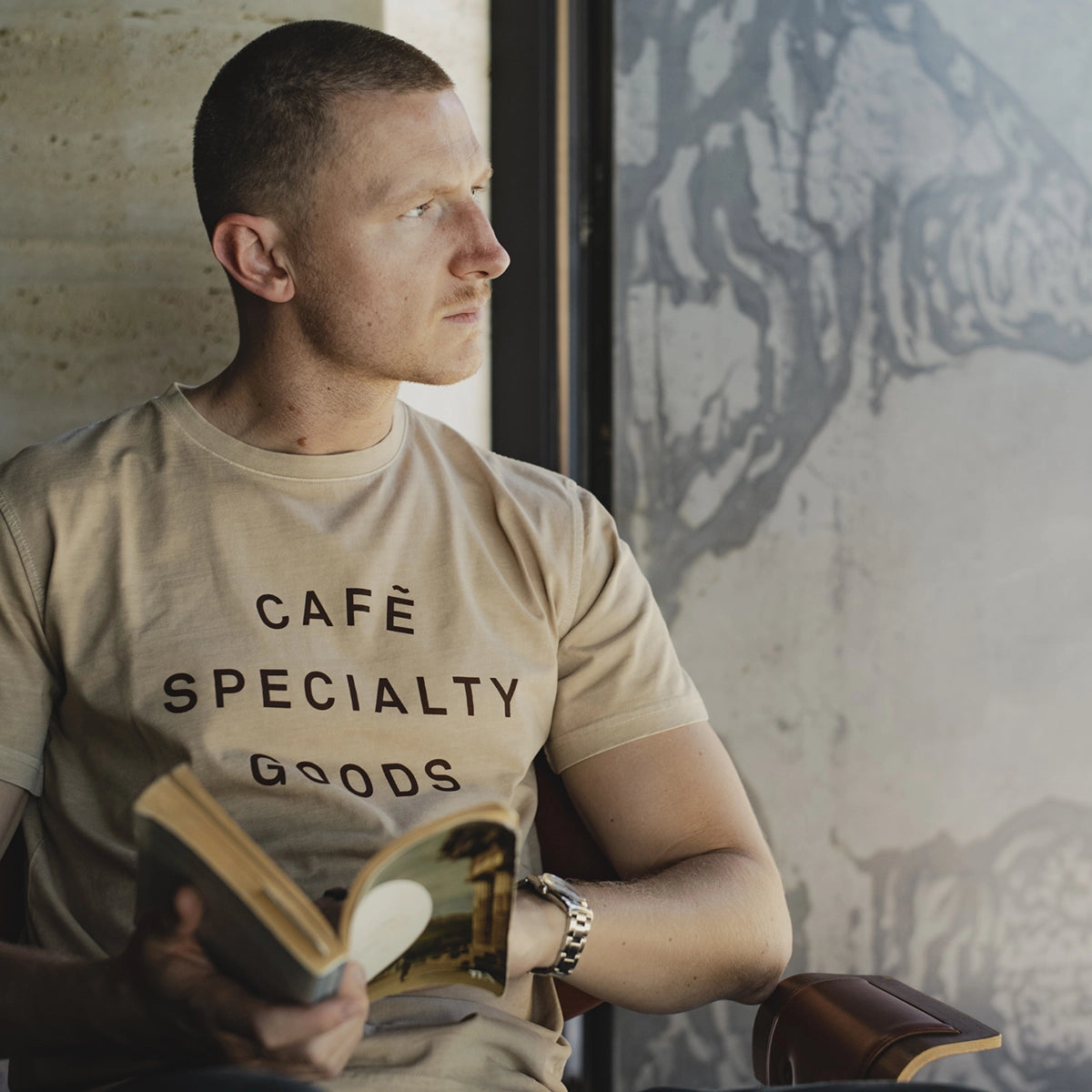 organic tee logo cafe light brown lifestyle