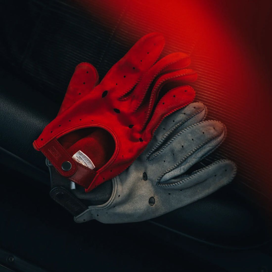 Driving Gloves in Red &amp; Grey Suede