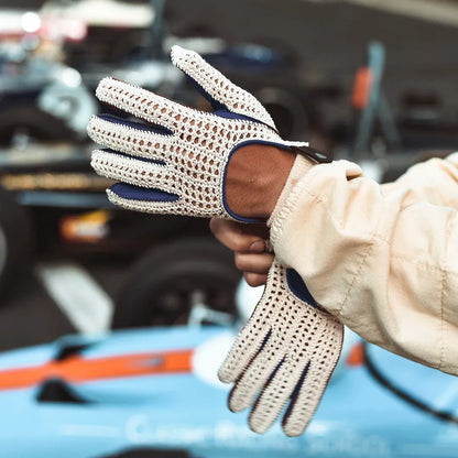 blue crochet driving gloves