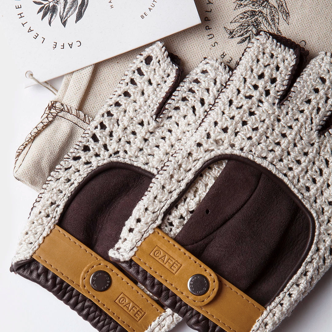 Crochet Fingerless Driving Gloves "Triton" in Black Coffee