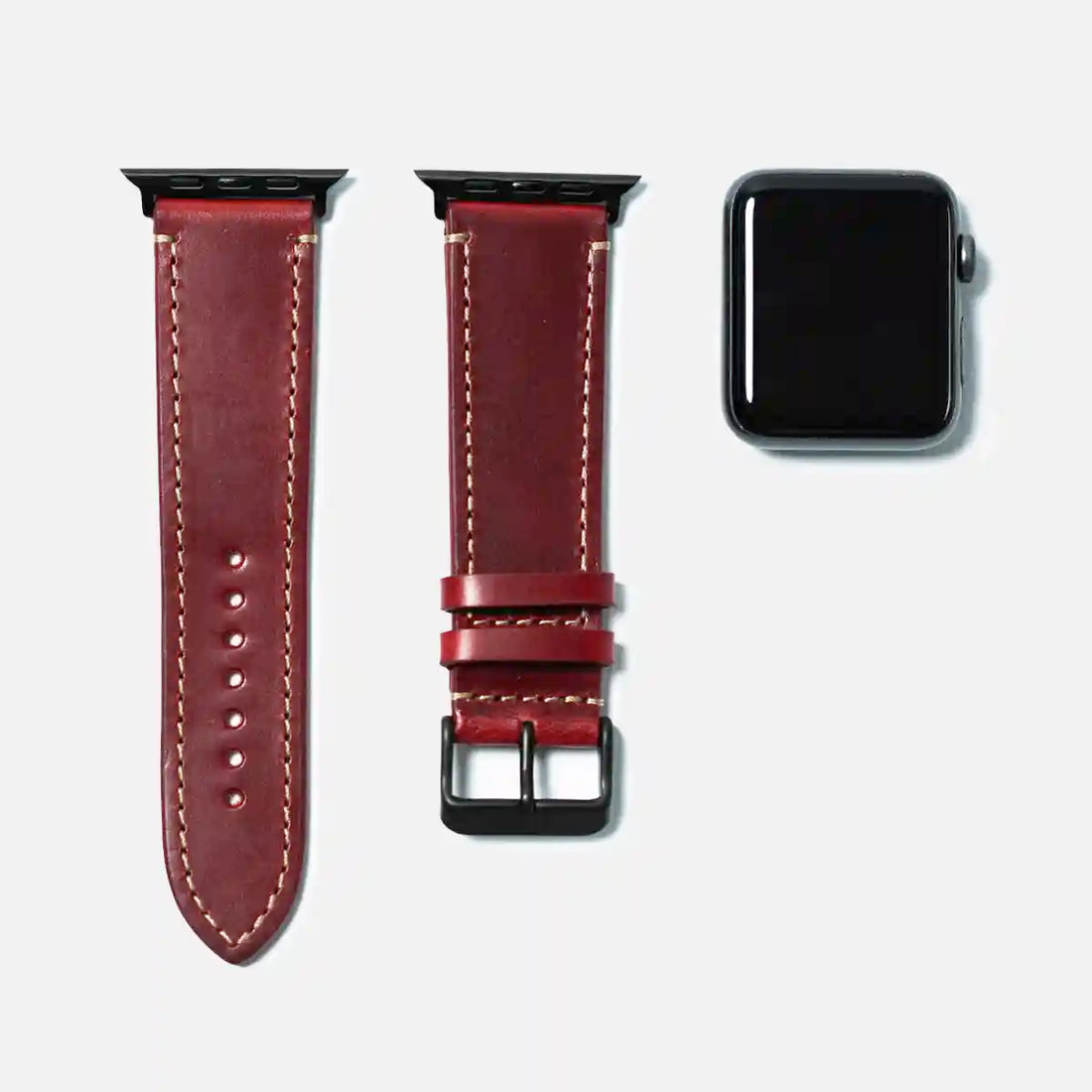 leather iwatch strap black steel in berry