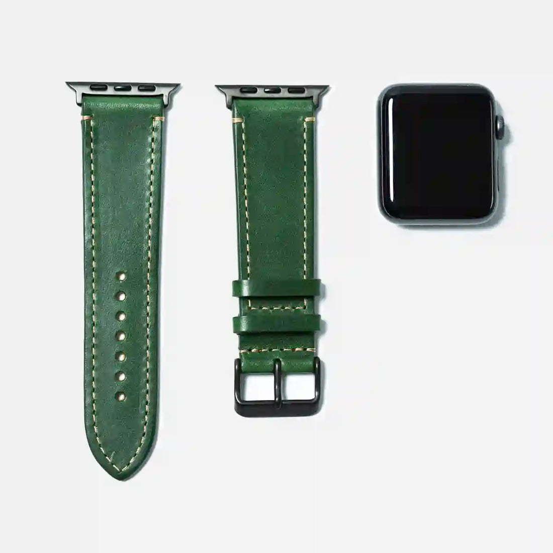 leather iwatch strap black steel in green