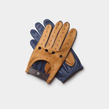 driving gloves blue and brown leather