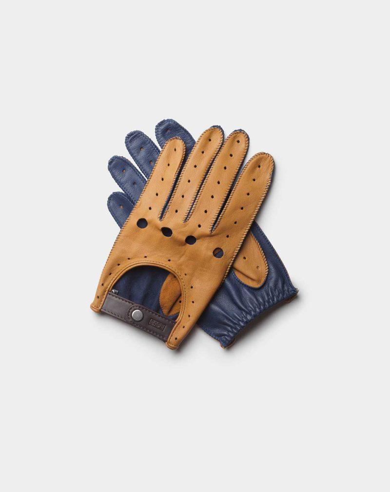 driving gloves blue and brown leather
