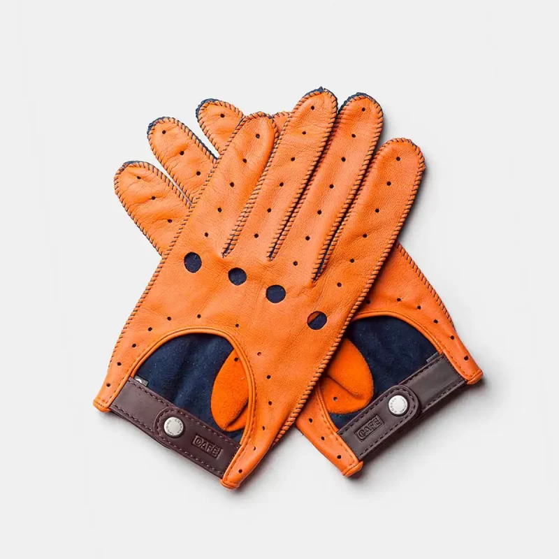 driving gloves blue and orange handcrafted in Spain