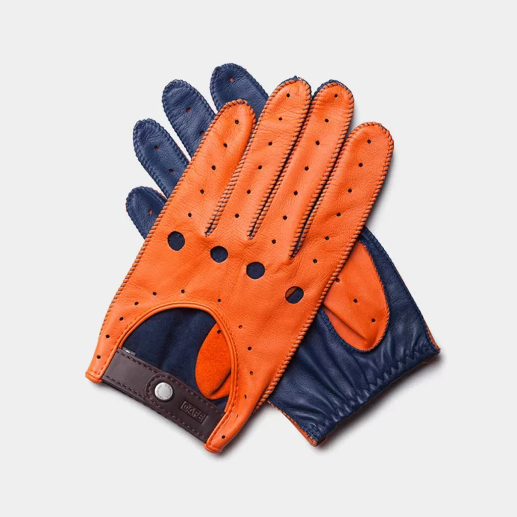 driving gloves blue and orange handcrafted in Spain
