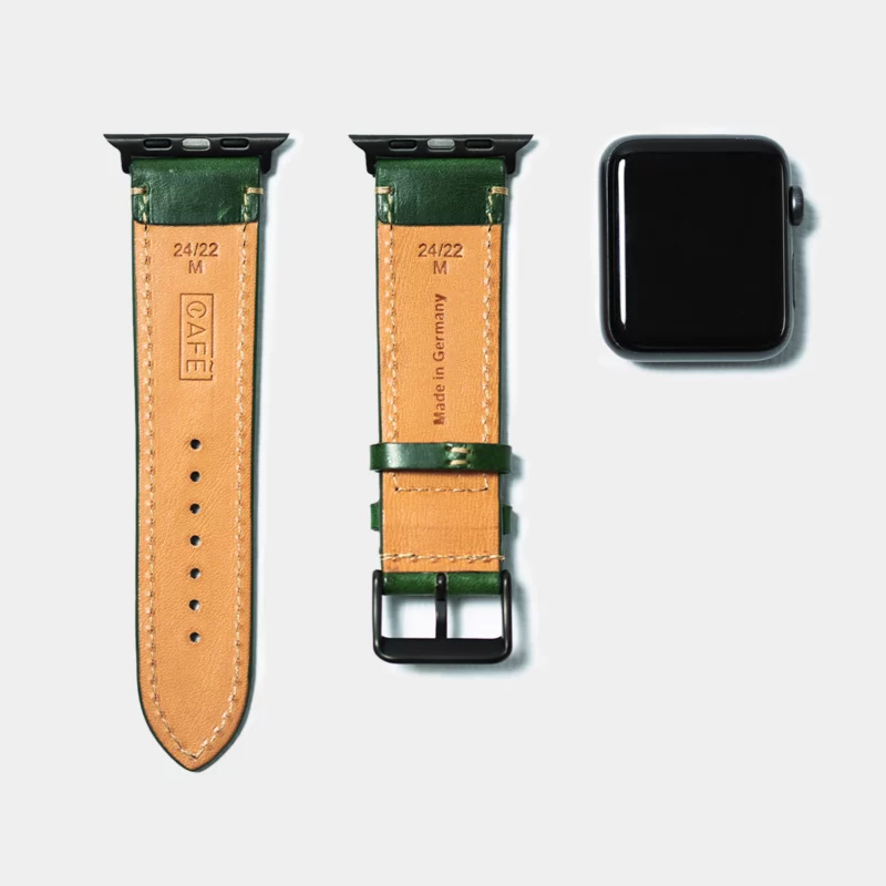 leather iwatch strap black steel in green