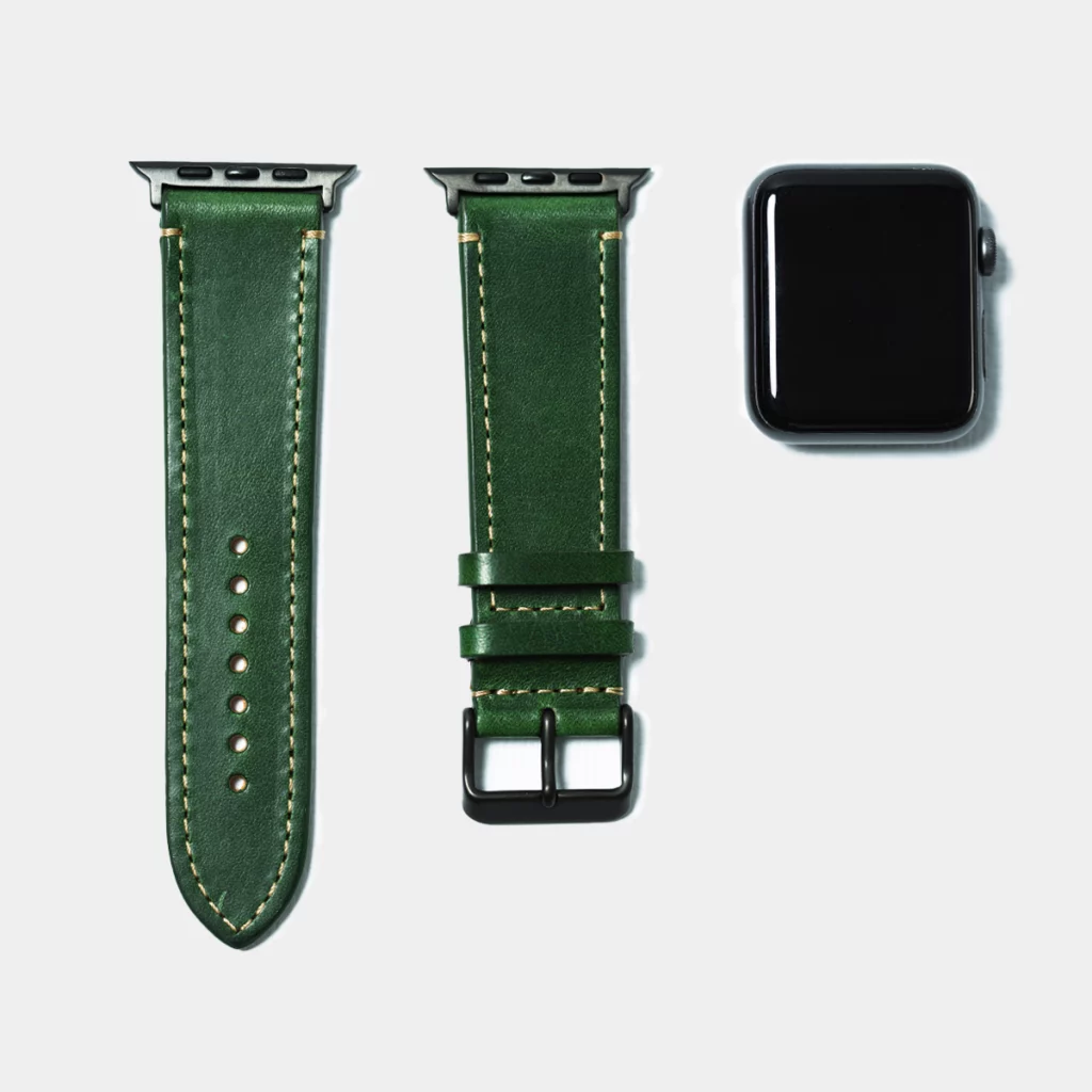 leather watch strap black steel in green