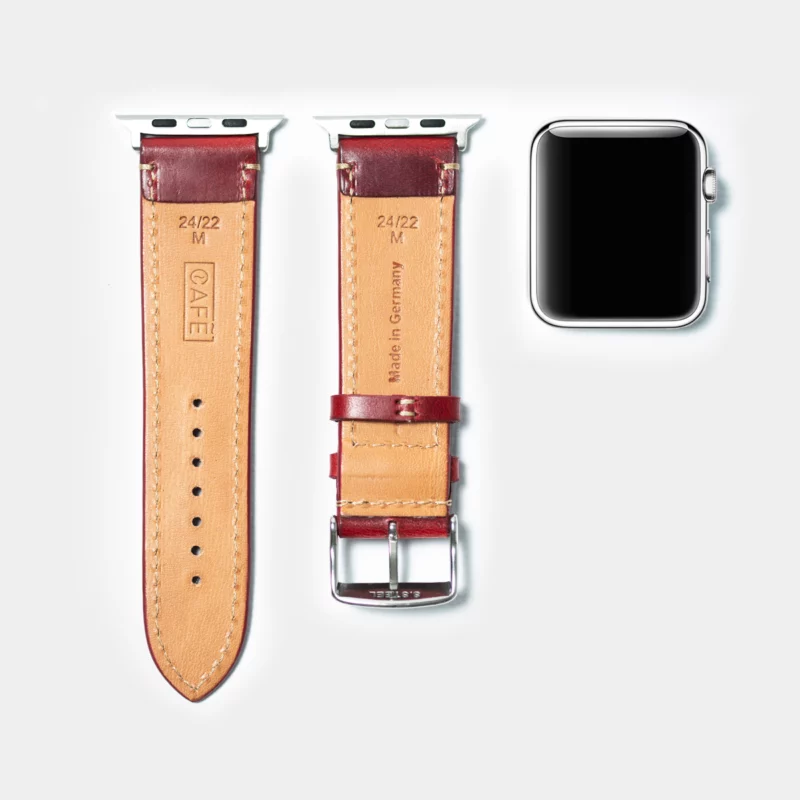 leather iwatch strap black steel in berry
